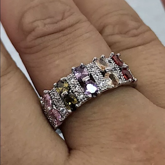PLATINUM  RAINBOW ZIRCON PROMISE CZ BAND RING - Picture 1 of 9